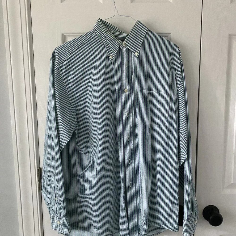 Brooks Brothers Sear Sucker Shirt Green and Blue Size: M